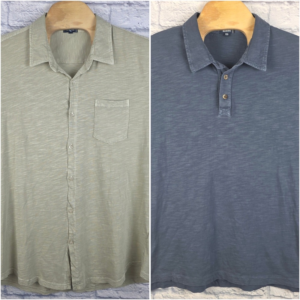 Lot of 2 Mododoc Mens Blue Beige Jersey Knit Shirt Button Up Short Sleeve Sz 2XL